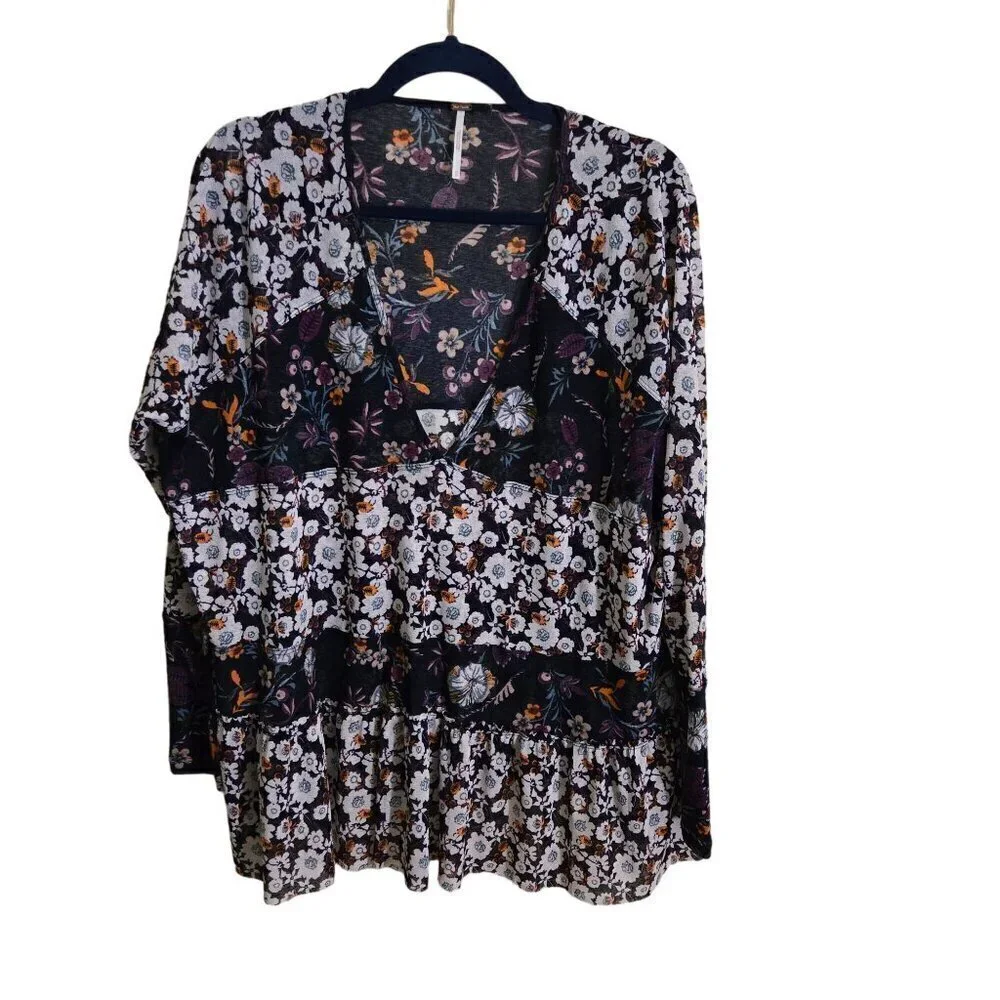 Free People Isabelle Floral Bohemian Oversized Long Sleeve Tunic Top Size XS